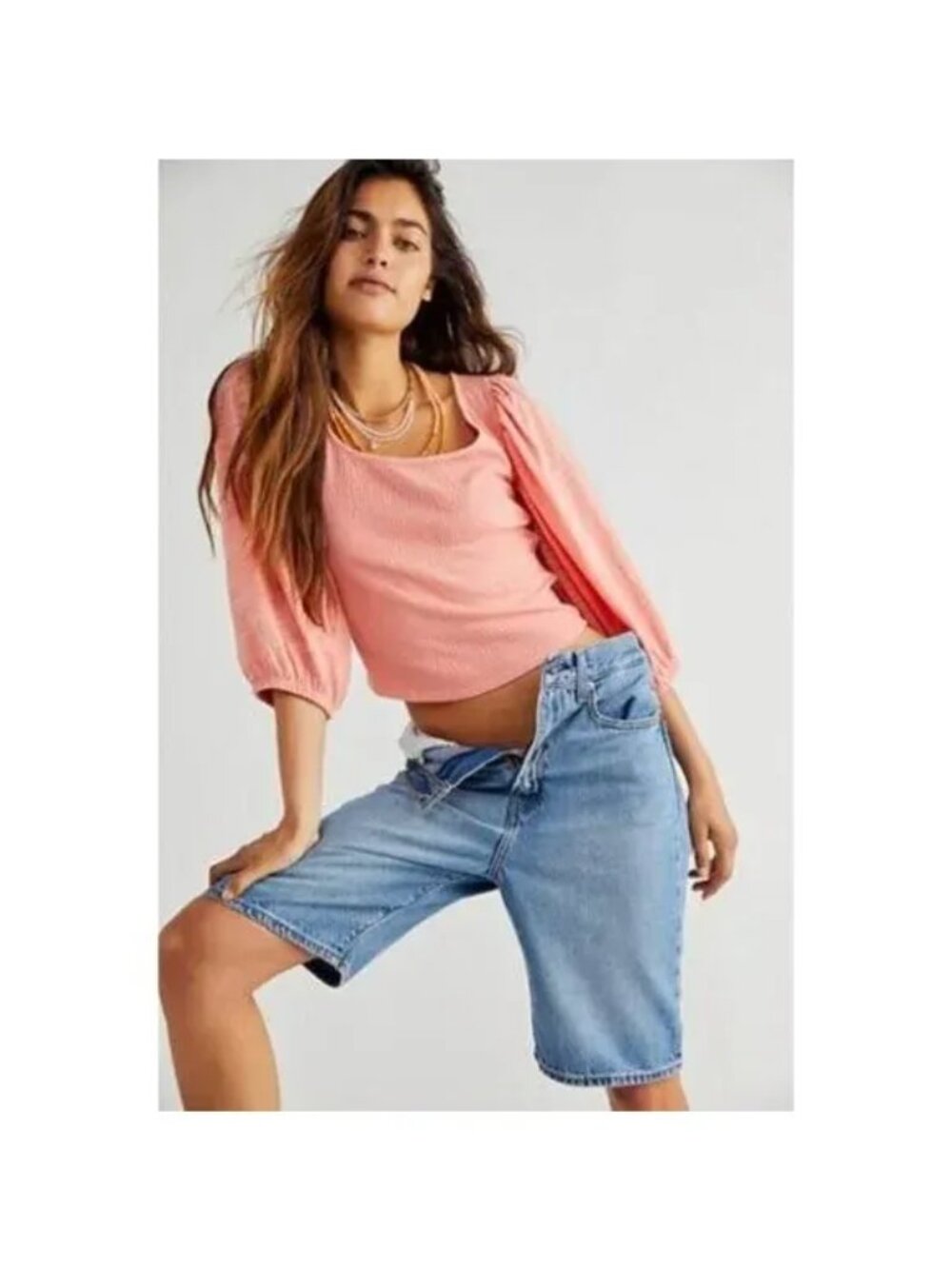 Free People Coral Puff Sleeved Smock Crop Top, Size Medium